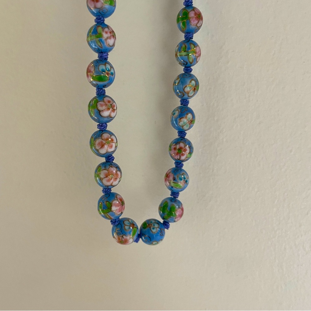 Mid Century Chinese Export Baby Blue Cloisonne Enamel Glass Gold Filled Necklace - Picture 9 of 9